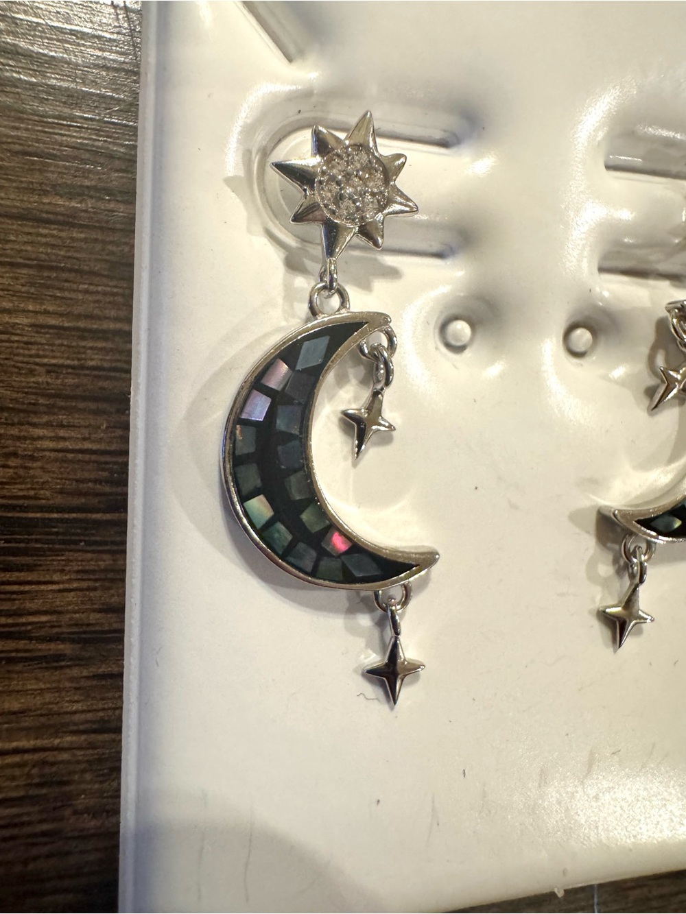 Sterling Silver Celestial Moon Star Mother of Pearl Inlay Drop Earrings Abalone - Picture 2 of 9